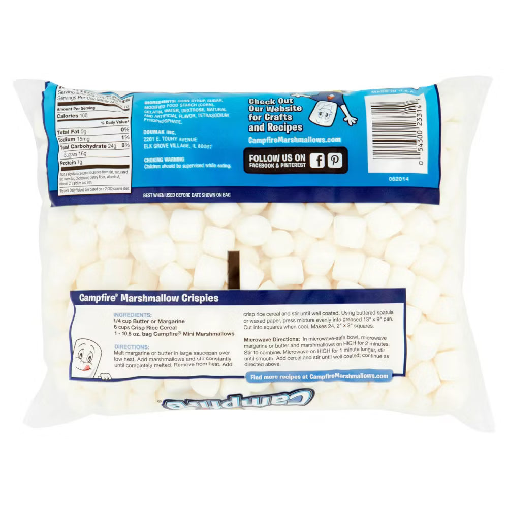 Package of Campfire Marshmallow Crispies with blue label and white marshmallows.