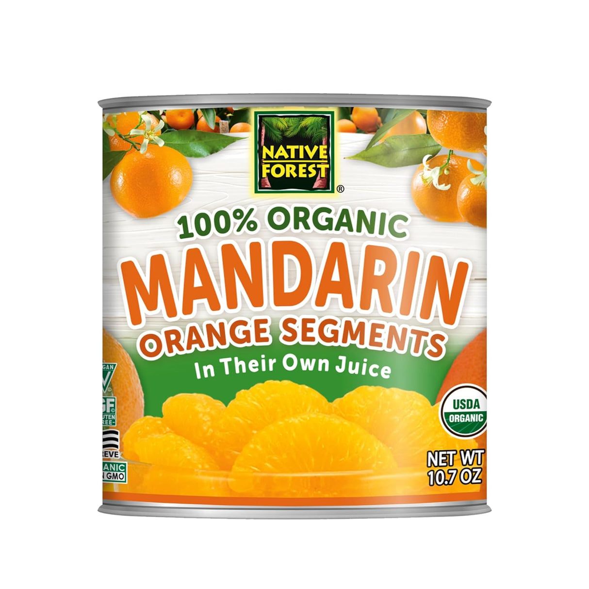 Can of Native Forest 100% Organic Mandarin Orange Segments on a white background
