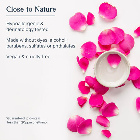 Candle with pink petals on a white background, featuring text about product attributes.