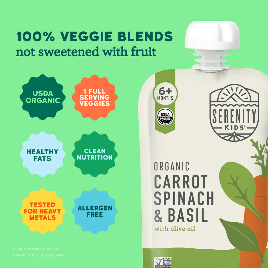 Serenity Kids Organic Carrot, Spinach & Basil Baby Food Pouches, 6-Pack (3.5 oz)