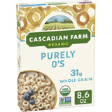 Box of Cascadian Farm Organic Purely O's cereal with a field image on the label.
