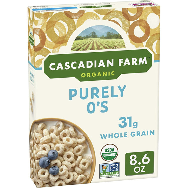 Box of Cascadian Farm Organic Purely O's cereal with a field image on the label.