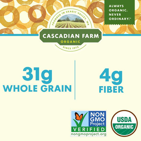 Cascadian Farm Organic product label with whole grain and fiber information.