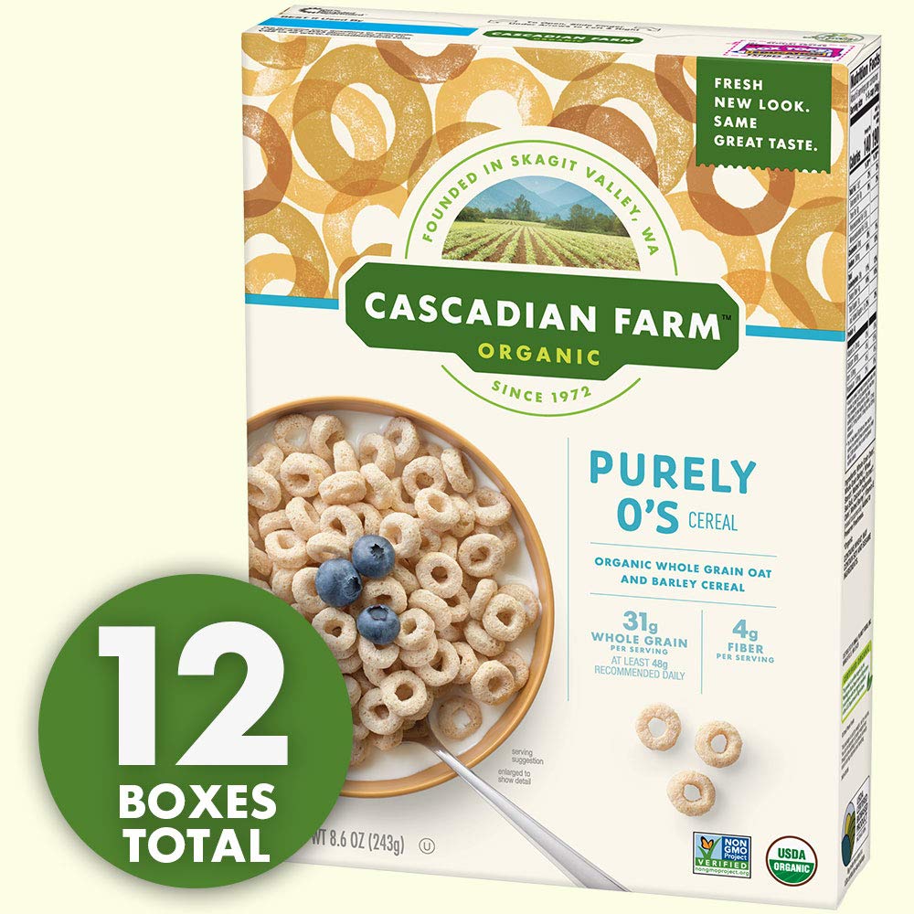Cascadian Farm Purely O's cereal box with a bowl of cereal and blueberries on a light background 12 boxes label
