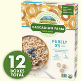 Cascadian Farm Purely O's cereal box with a bowl of cereal and blueberries on a light background 12 boxes label