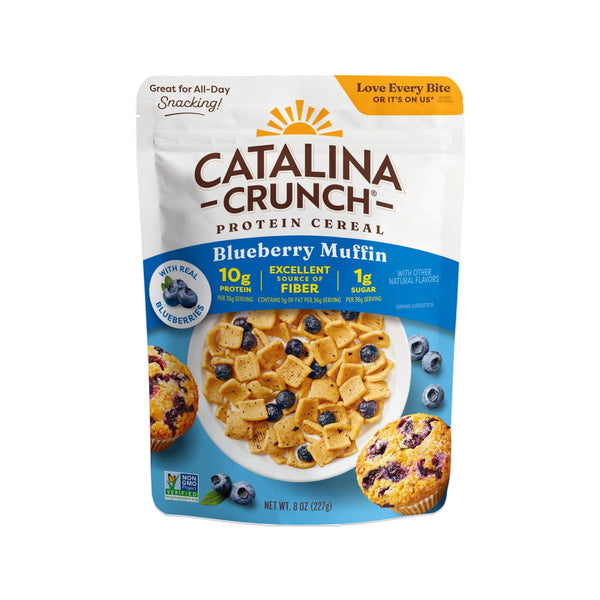 Catalina Crunch Blueberry Muffin protein cereal package on a white background