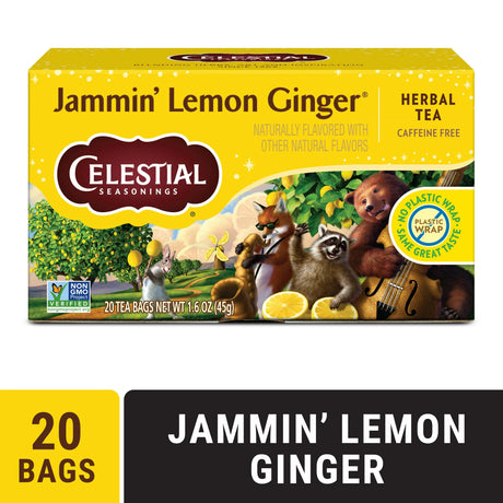 Celestial Seasonings Jammin' Lemon Ginger tea box with cartoon animals on a yellow background