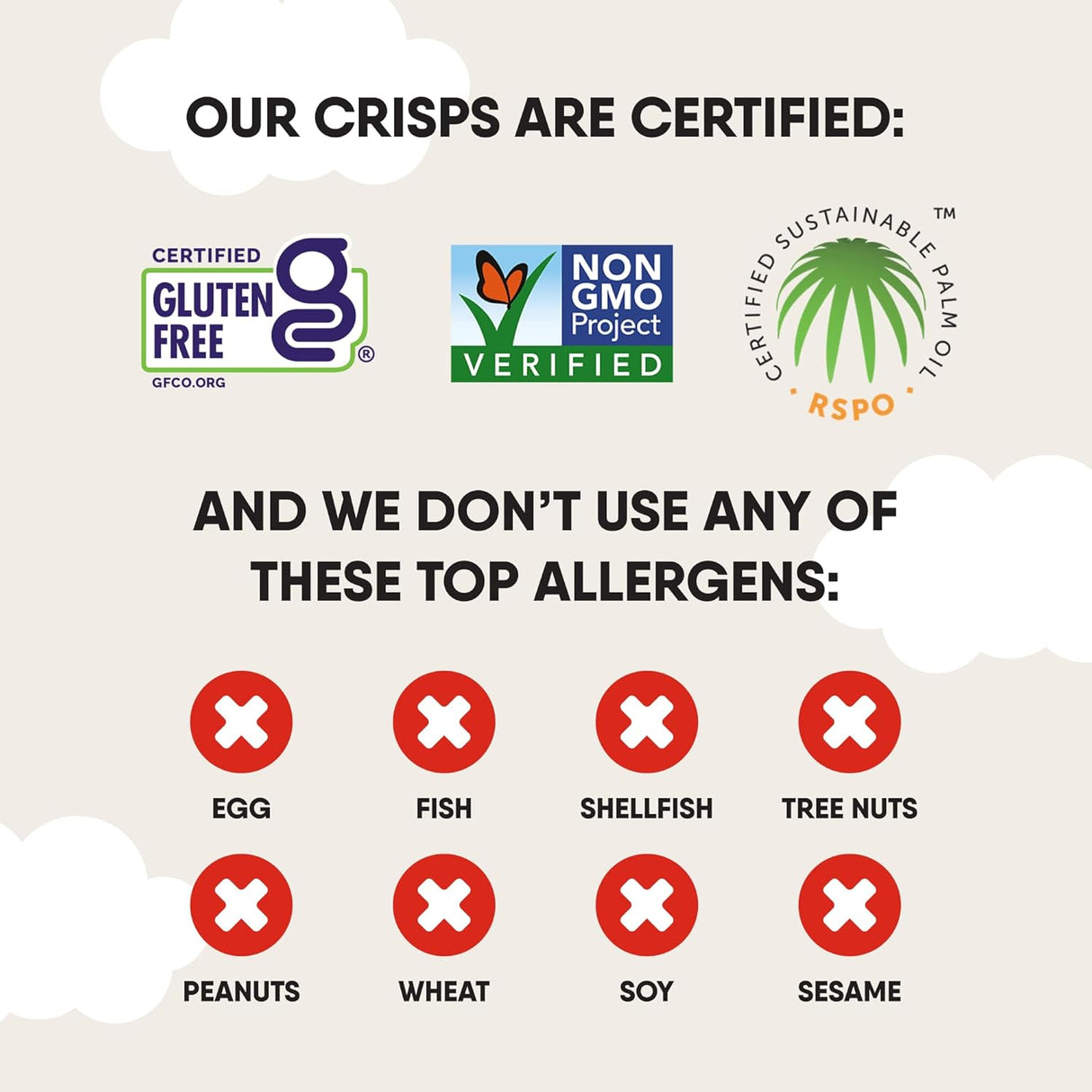 Certification logos for gluten-free, non-GMO, and sustainable palm oil, along with a list of allergens not used.