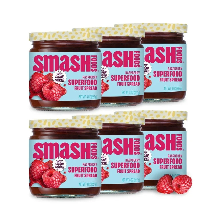 Jars of Smash and Ash Foods Raspberry Superfood Fruit Spread on a white background