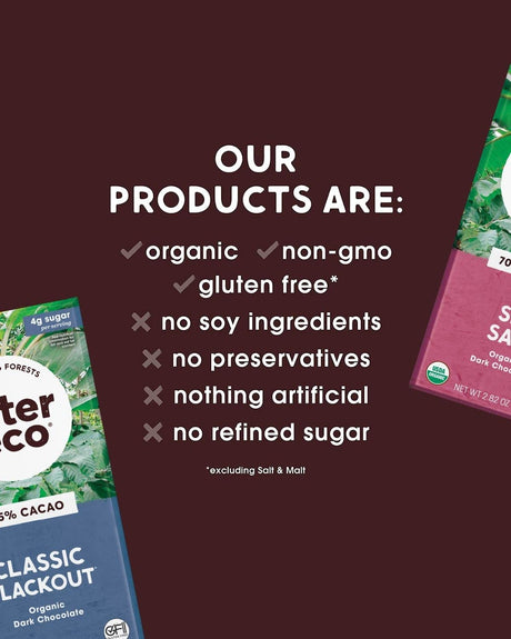 Chocolate bars with a list of product features on a dark background