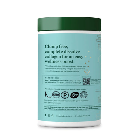 Collagen powder container with green lid and blue label on a white background