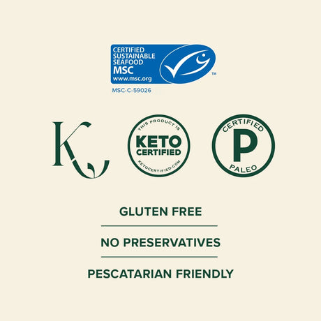 Collection of certification logos and dietary labels on a beige background