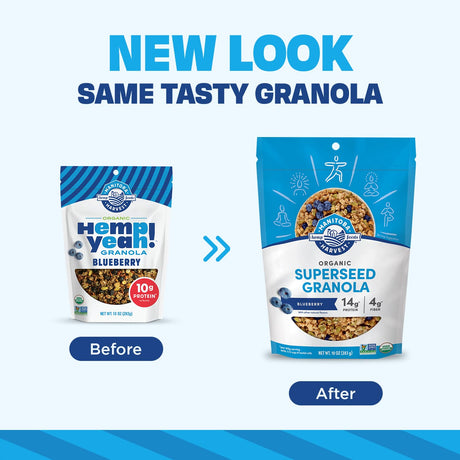 Comparison of Hemp Yeah! Granola packaging before and after a redesign on a blue and white background.
