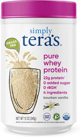 Container of simply tera's pure whey protein powder with a purple lid.
