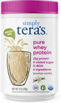 Container of simply tera's pure whey protein powder with a purple lid.