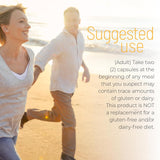 Couple walking on a beach with text about product use.