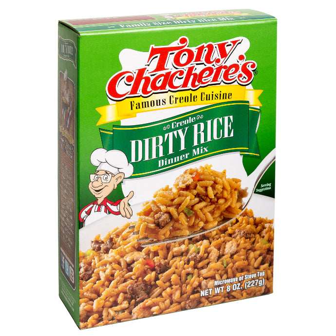 Box of Tony Chachere's Dirty Rice Dinner Mix with a cartoon character on a white background