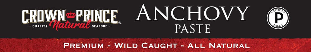 Crown Prince Anchovy Paste label with branding and product details.