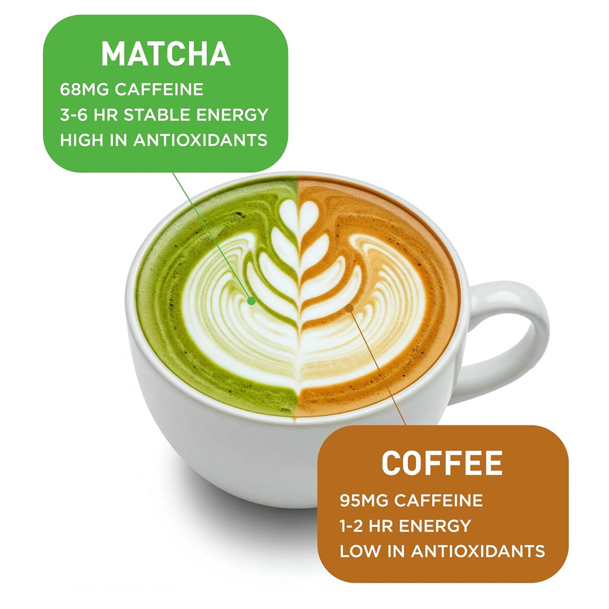 Cup of matcha and coffee with text on caffeine and antioxidant content.