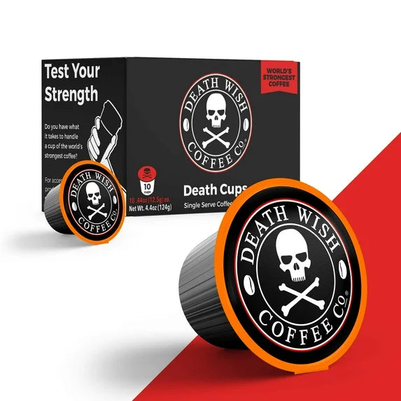Death Wish Coffee Co. single serve coffee packaging on a white background