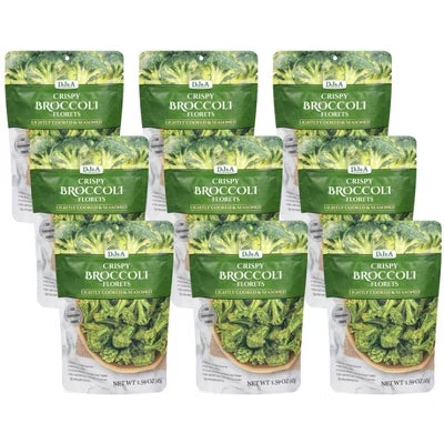 Multiple packages of DJ&A Crispy Broccoli Florets on a white background
