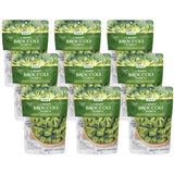 Multiple packages of DJ&A Crispy Broccoli Florets on a white background