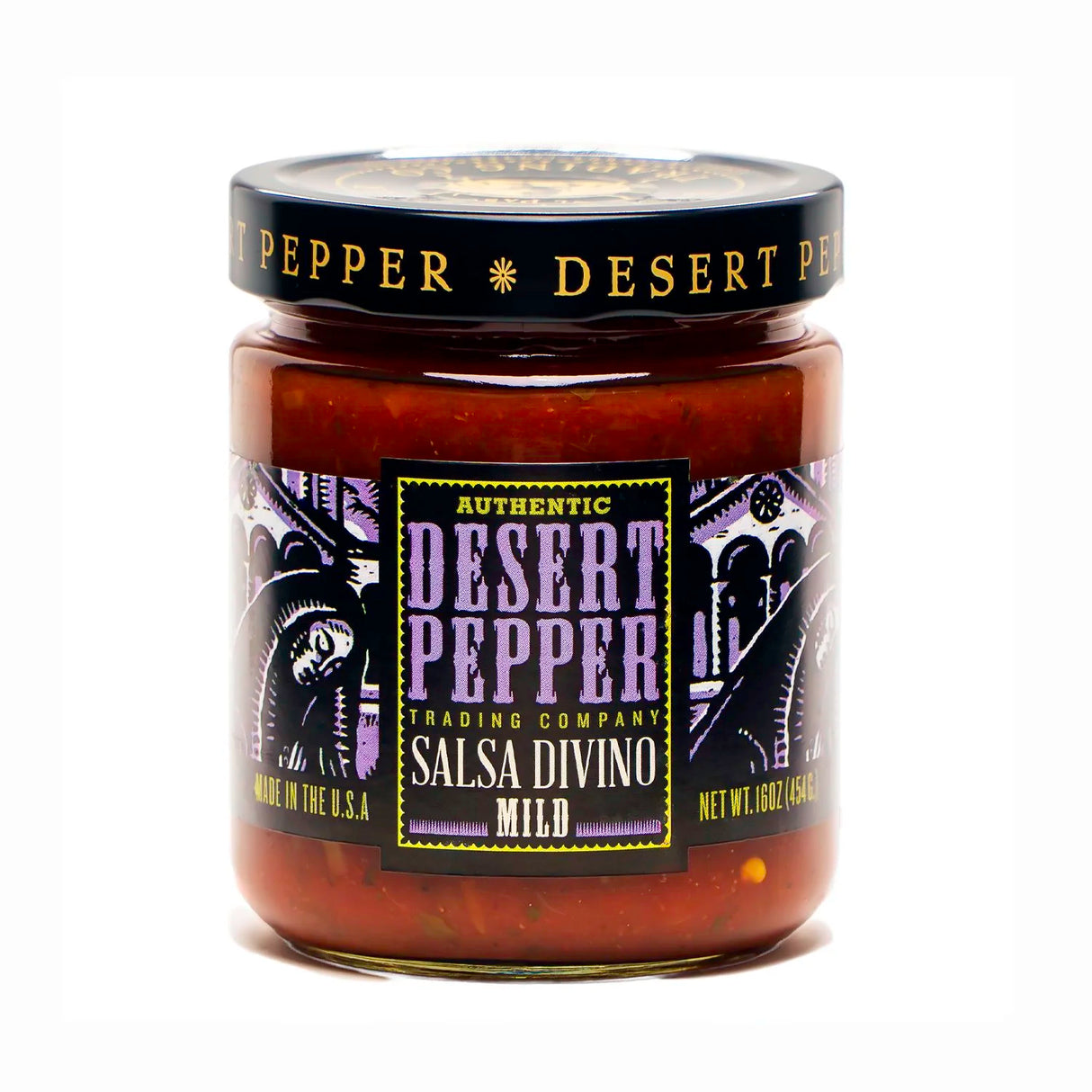 Jar of Desert Pepper Salsa Divino Mild on a white background