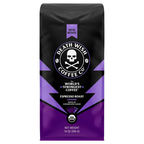 Death Wish Coffee - Organic Ground Espresso, 14 oz (Case of 6) - Strongest Coffee Beans