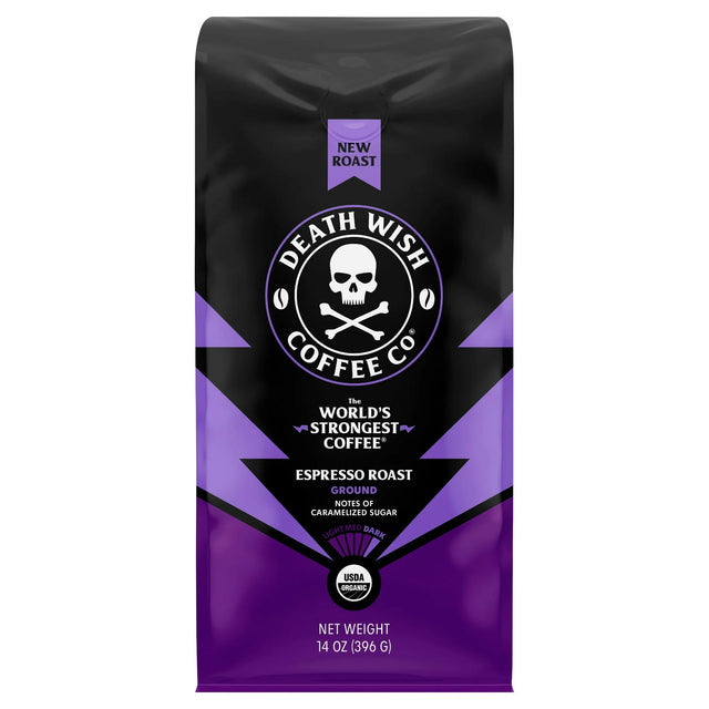 Death Wish Coffee - Organic Ground Espresso, 14 oz (Case of 6) - Strongest Coffee Beans