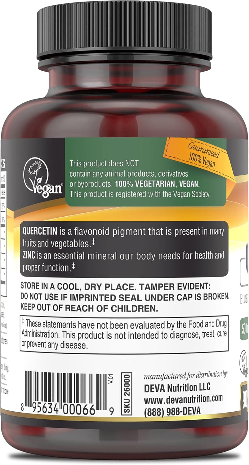 Deva quercetin supplement bottle with label on a white background
