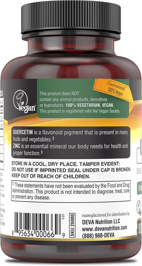 Deva quercetin supplement bottle with label on a white background