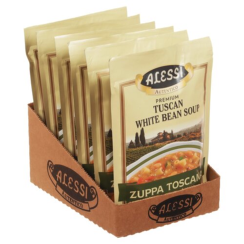 Display of Alessi Tuscan White Bean Soup packets in a cardboard holder.