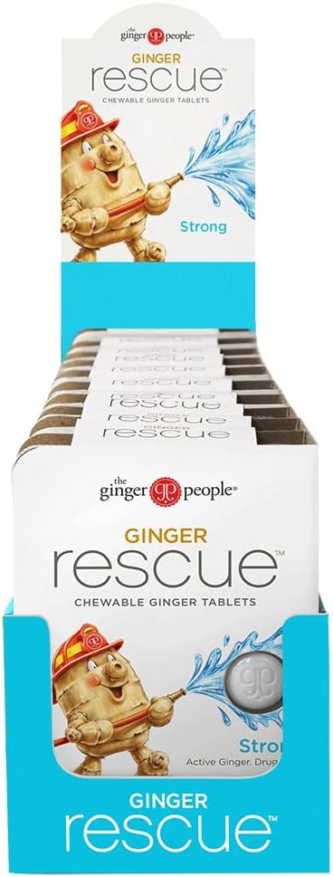 Display of Ginger Rescue chewable ginger tablets packaging with a cartoon potato character.