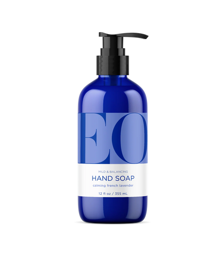 Blue hand soap bottle with pump on a white background