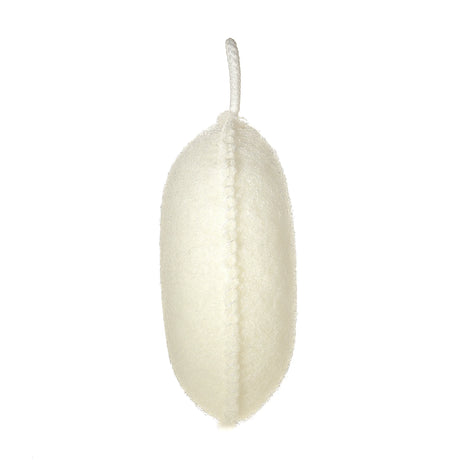 White decorative item with a string on a white background