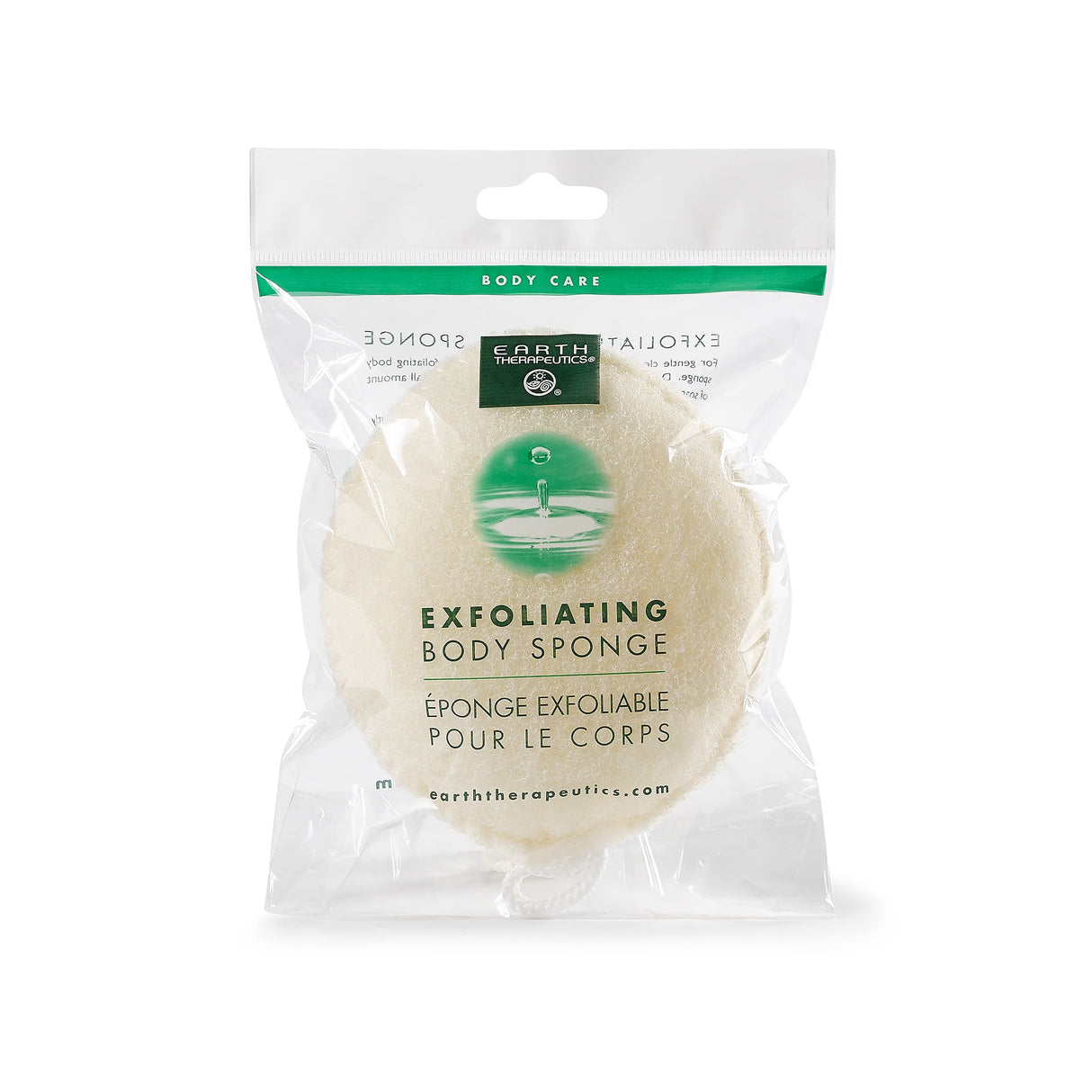 Exfoliating body sponge in packaging with Earth Therapeutics logo on a white background