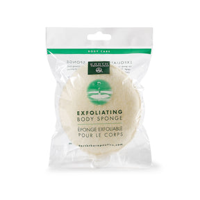 Exfoliating body sponge in packaging with Earth Therapeutics logo on a white background