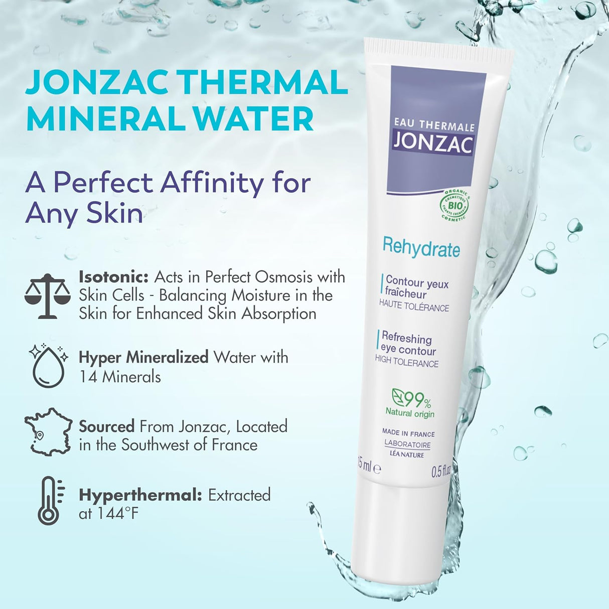 Eau Thermale Jonzac eye cream with product details on a blue background