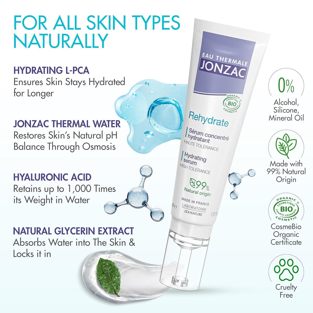 Eau Thermale Jonzac skincare serum with product and benefits displayed on a white background