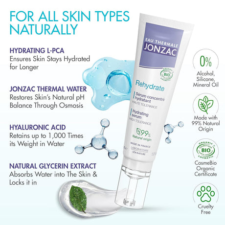 Eau Thermale Jonzac skincare serum with product and benefits displayed on a white background
