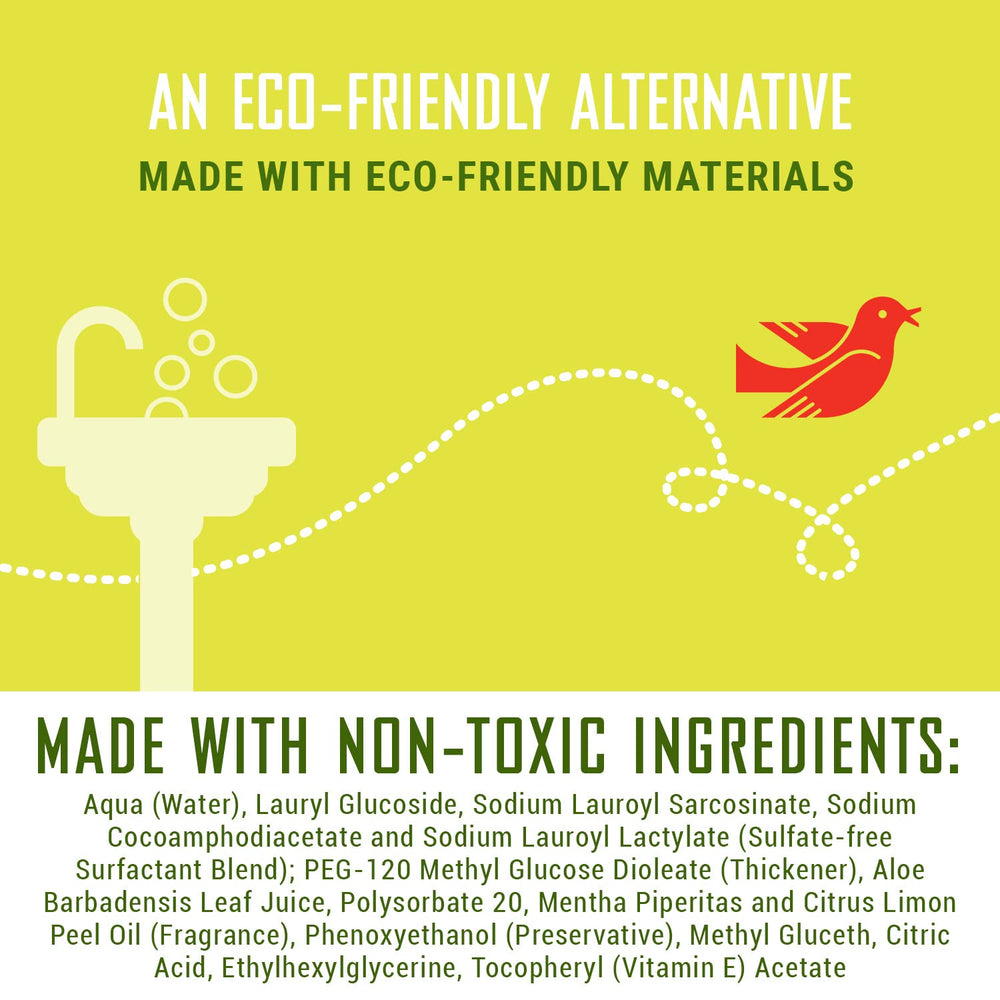 Eco-friendly product label with a sink, bird, and text about eco-friendly materials and non-toxic ingredients.