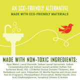 Eco-friendly product label with a sink, bird, and text about eco-friendly materials and non-toxic ingredients.