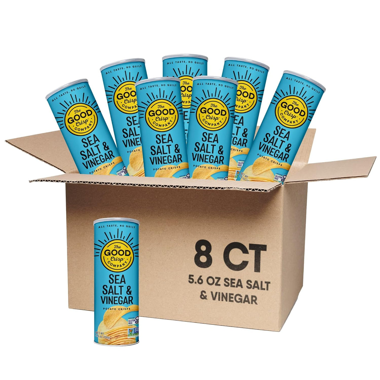 Eight The Good Crisp Company Potato Chips Salt & Vinegar   snack cans on a white background