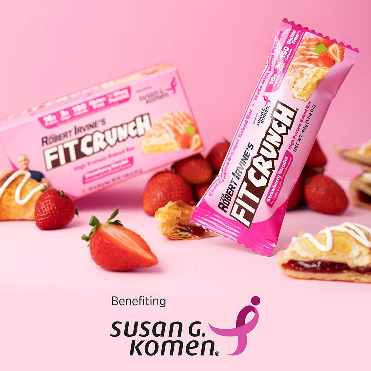 Fit Crunch bars with strawberries and pastries on a pink background, benefiting Susan G. Komen.