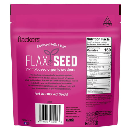 Flackers package of flaxseed crackers with nutritional information and branding details.