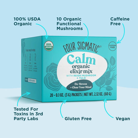 Four Sigmatic Calm organic elixir mix packaging on a light blue background