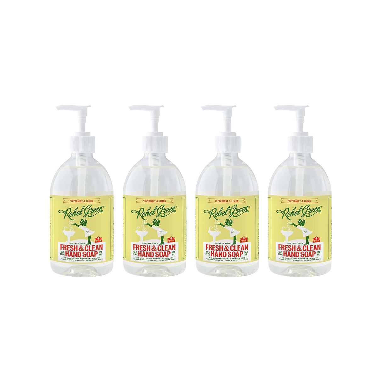 Four bottles of Rachel Ray Fresh & Clean Hand Soap on a white background