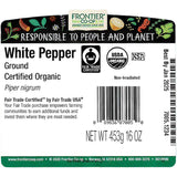 Label for Frontier Co-op ground white pepper with certification logos and product details.