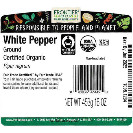 Label for Frontier Co-op ground white pepper with certification logos and product details.