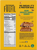 Fulfil protein bar packaging with nutrition facts and flavor description on a yellow background
